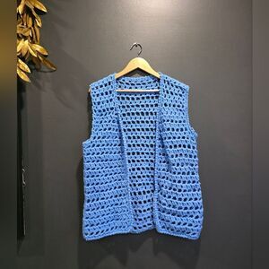 Blue Crochet Open Front Vest Cardigan
